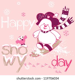 White and pink teddy bear on skis in the snow - isolated vector Illustrations
