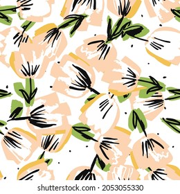 White and Pink Tulip Drawing Vector Seamless Pattern. Lotus Fashion Template. Valentine Felt pen Design. Flower Textile Background.