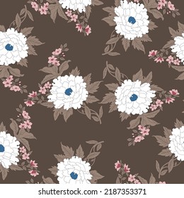 white and pink vector stock flowers with cream leaves pattern on brown background