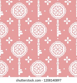 White and pink vintage vector seamless pattern with keys, wallpaper. Elegant classic texture. Luxury ornament. Traditional,Turkish, Indian motifs. Great for fabric and textile, wallpaper, packaging.