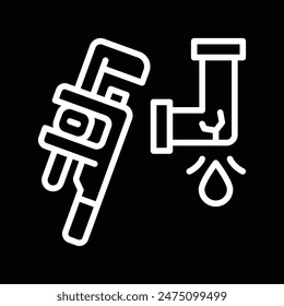 White Pipe Wrench and Leaking Pipe Line Art Icon