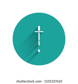 White Pipette icon isolated with long shadow. Element of medical, chemistry lab equipment. Pipette with drop. Medicine symbol. Green circle button. Vector Illustration