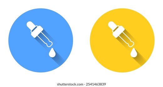 White Pipette with oil icon isolated with long shadow background. Organic aromatherapy essence. Skin care serum glass drop package. Circle button. Vector