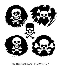 White piracy skull and crossbones vector icons. death, scary symbols and grunge decor illustration
