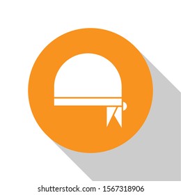 White Pirate bandana for head icon isolated on white background. Orange circle button. Vector Illustration