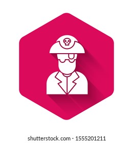 White Pirate captain icon isolated with long shadow. Pink hexagon button. Vector Illustration