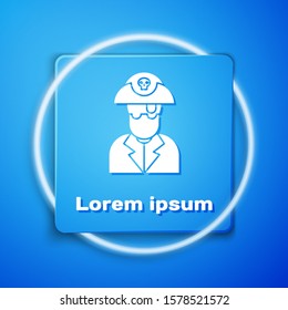 White Pirate captain icon isolated on blue background. Blue square button. Vector Illustration