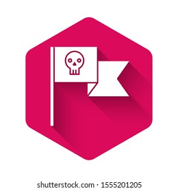 White Pirate flag with skull icon isolated with long shadow. Pink hexagon button. Vector Illustration