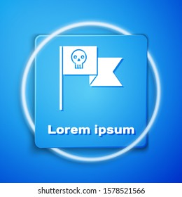 White Pirate flag with skull icon isolated on blue background. Blue square button. Vector Illustration