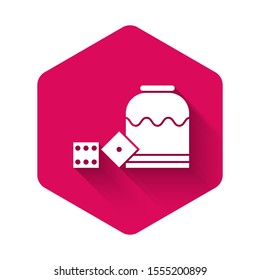 White Pirate game dice icon isolated with long shadow. Casino gambling. Pink hexagon button. Vector Illustration