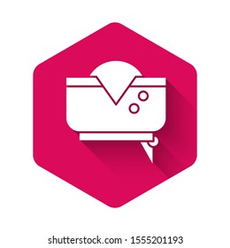 White Pirate hat icon isolated with long shadow. Pink hexagon button. Vector Illustration