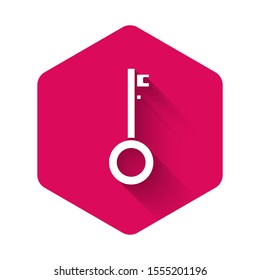 White Pirate key icon isolated with long shadow. Pink hexagon button. Vector Illustration