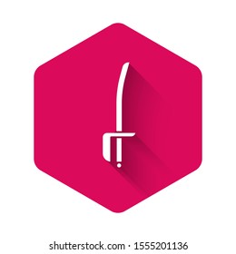 White Pirate sword icon isolated with long shadow. Sabre sign. Pink hexagon button. Vector Illustration
