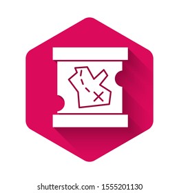 White Pirate treasure map icon isolated with long shadow. Pink hexagon button. Vector Illustration