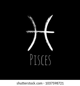 White Pisces horoscope icon, hand painted zodiac vector sign. Astrological icon isolated. Pisces astrology horoscope symbol clip art on black background.