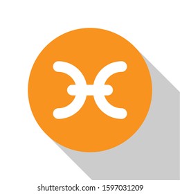 White Pisces zodiac sign icon isolated on white background. Astrological horoscope collection. Orange circle button. Vector Illustration