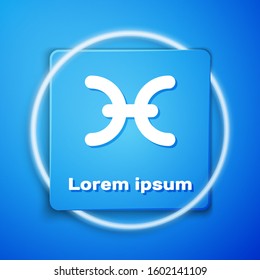 White Pisces zodiac sign icon isolated on blue background. Astrological horoscope collection. Blue square button. Vector Illustration