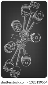 White pistons on a gray background. Drawing