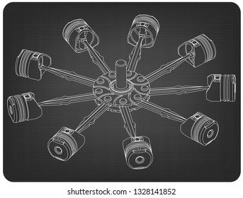 White pistons on a gray background. Drawing