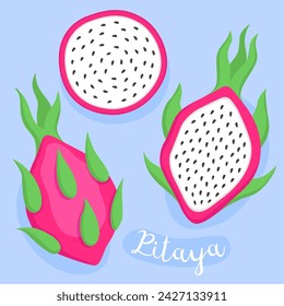 White pitaya. Dragon fruit, pitahaya. Tropical fruits. Fresh, ripe fruit. Half, whole and slice dragon fruit. Cartoon vector illustration.