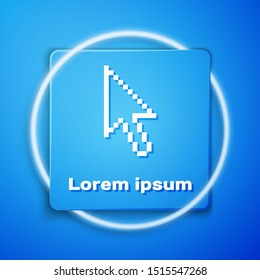 White Pixel arrow cursor icon isolated on blue background. Blue square button. Vector Illustration