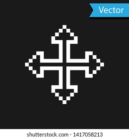 White Pixel arrows in four directions icon isolated on black background. Cursor move sign.  Vector Illustration