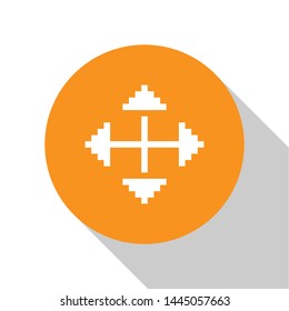 White Pixel arrows in four directions icon isolated on white background. Cursor move sign. Orange circle button. Vector Illustration
