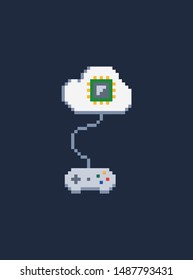 White pixel art 8 bit gamepad for game console connected to the cloud with processor - isolated vector icon of wired controller on dark background