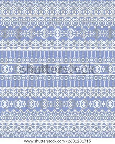 White pixel art geometric textile pattern on purple background, inspired by traditional Thai silk fabric. Perfect for fabric design, wallpaper, and digital backgrounds.