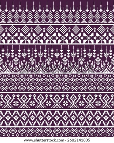 White pixel art geometric textile pattern on purple background, inspired by traditional Thai silk fabric. Perfect for fabric design, wallpaper, and digital backgrounds.