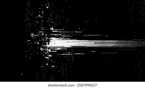 White pixel art glitched texture on a black background. lo-fi video game style. pixelated glitch lines. digital noise overlay. vector graphics.