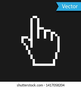White Pixel hand cursor icon isolated on black background. Pointer hand cursor.  Vector Illustration