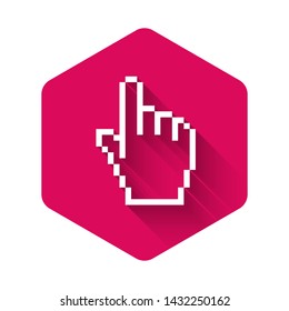 White Pixel hand cursor icon isolated with long shadow. Pointer hand cursor. Pink hexagon button. Vector Illustration