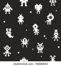 White pixel monsters on black background.Vector seamless pattern.