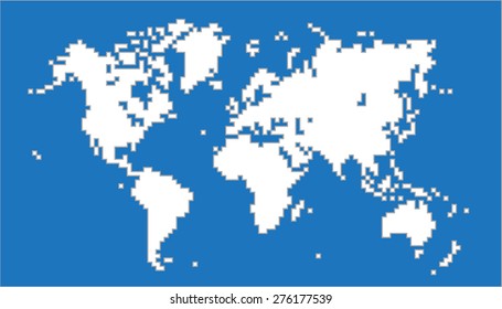White pixel world map on blue background. Vector illustration.