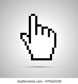 White pixelated computer cursor in hand shape, simple icon with shadow
