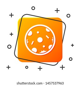 White Pizza icon isolated on white background. Fast food menu. Orange square button. Vector Illustration