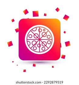 Icono de pizza blanca aislado en fondo blanco. Menú de comida rápida. Botón de color cuadrado. Vector
