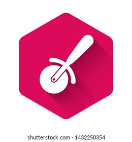 White Pizza knife icon isolated with long shadow. Pizza cutter sign. Steel kitchenware equipment. Pink hexagon button. Vector Illustration
