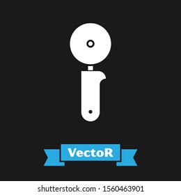 White Pizza knife icon isolated on black background. Pizza cutter sign. Steel kitchenware equipment.  Vector Illustration