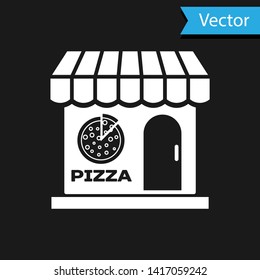 White Pizzeria building facade icon isolated on black background. Fast food pizzeria kiosk. Vector Illustration