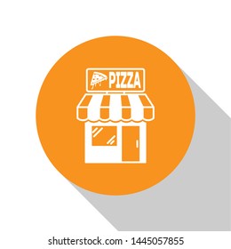 White Pizzeria building facade icon isolated on white background. Fast food pizzeria kiosk. Orange circle button. Vector Illustration