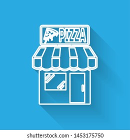White Pizzeria building facade line icon isolated with long shadow. Fast food pizzeria kiosk. Vector Illustration