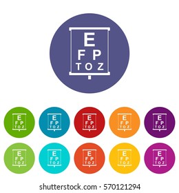 White placard with letters eyesight testing set icons in different colors isolated on white background