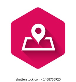 White Placeholder on map paper in perspective icon isolated with long shadow. Pink hexagon button. Vector Illustration