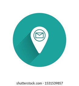 White Placeholder on map paper in perspective icon isolated with long shadow. Green circle button. Vector Illustration