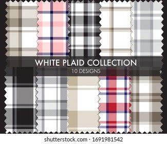 White Plaid, checkered, tartan seamless pattern collection includes 10 designs suitable for fashion textiles and graphics