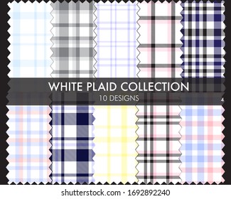 White Plaid, checkered, tartan seamless pattern collection includes 10 designs suitable for fashion textiles and graphics