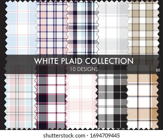 White Plaid, checkered, tartan seamless pattern collection includes 10 designs suitable for fashion textiles and graphics