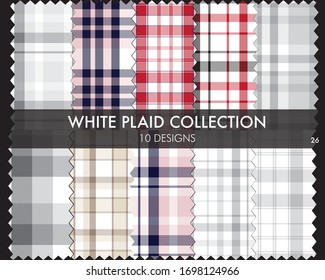 White Plaid, checkered, tartan seamless pattern collection includes 10 designs suitable for fashion textiles and graphics
